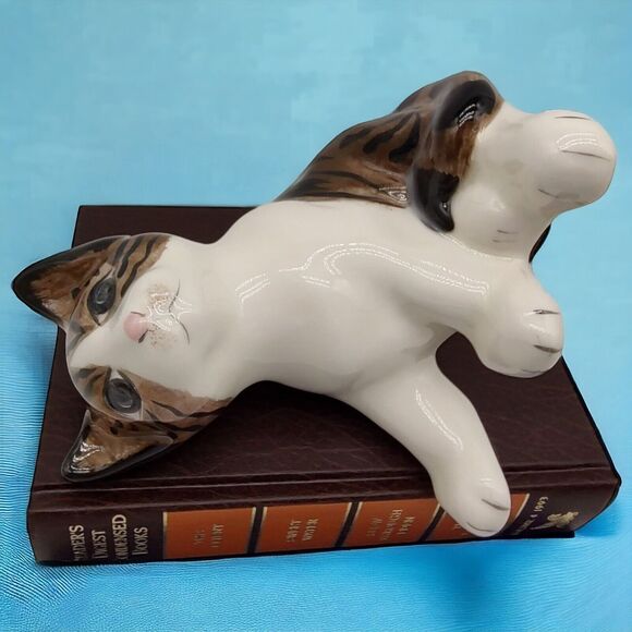 Artist Glazed Studio Art Crackle Heavy Ceramic Sitting Striped Tabby Cat Bookend - Picture 6 of 13
